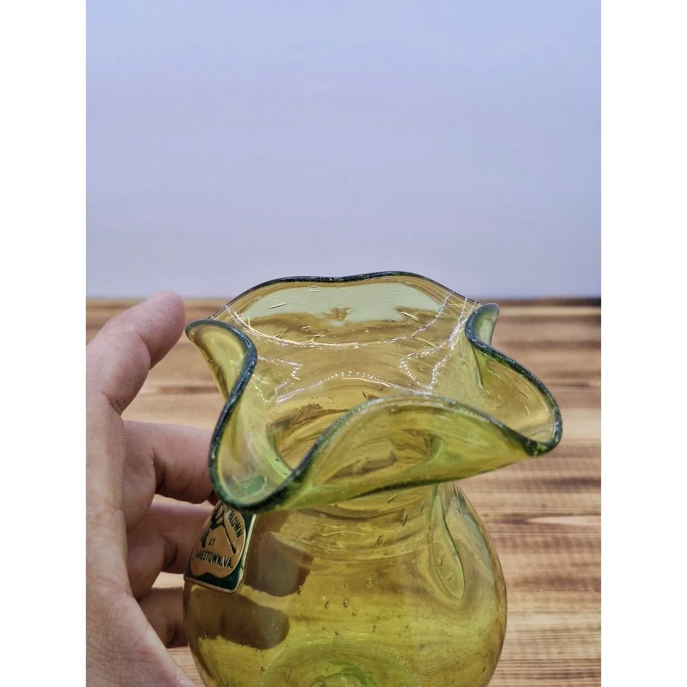 Hand Blown at Jamestown Virginia‎ Green Bubble Glass Pitcher 3